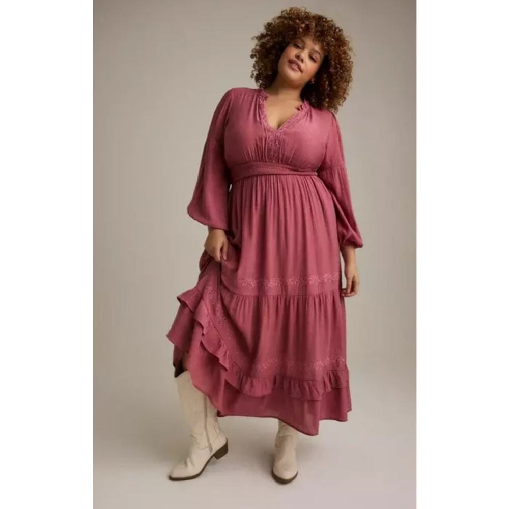 Torrid Festi Maxi Dress 2 2X Rose Pink Boho Tiered Lace Smocked Cottage Prairie